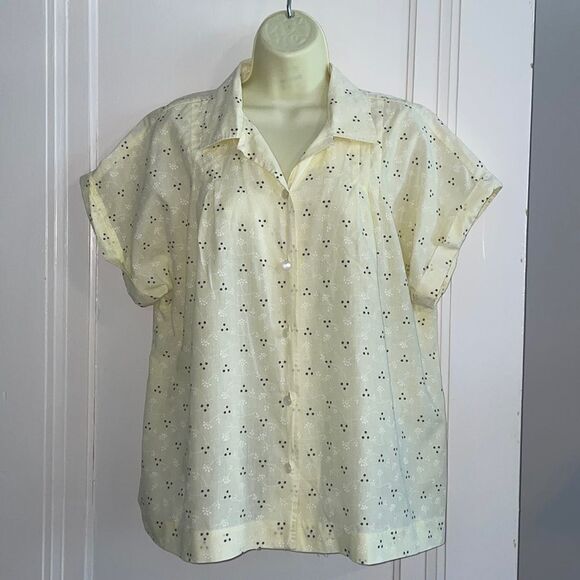 Vtg Y2K Blair light yellow cotton/polyester cap sleeve shirt with gray dots - Picture 1 of 8